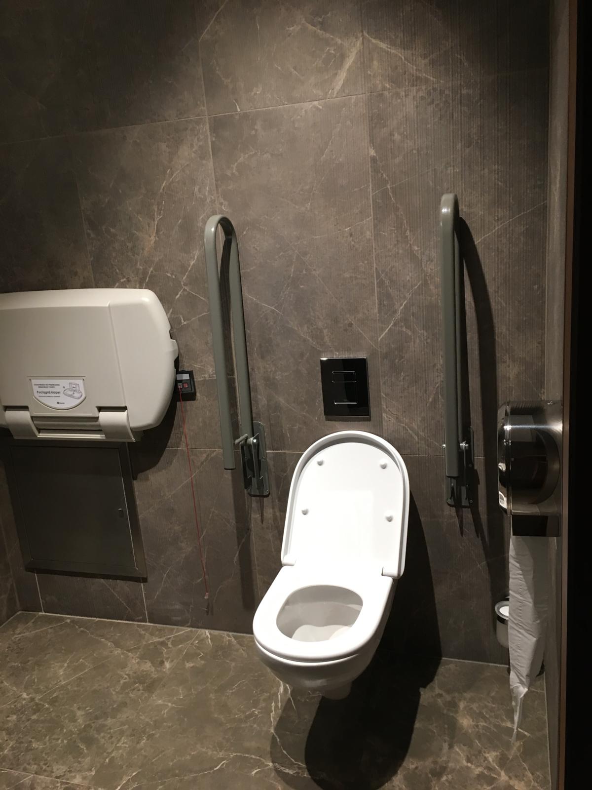 Commercial dark marble toilet area